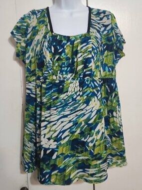 Duo Maternity Top XL Blue Green Abstract Print Short Sleeve Empire Waist Boho